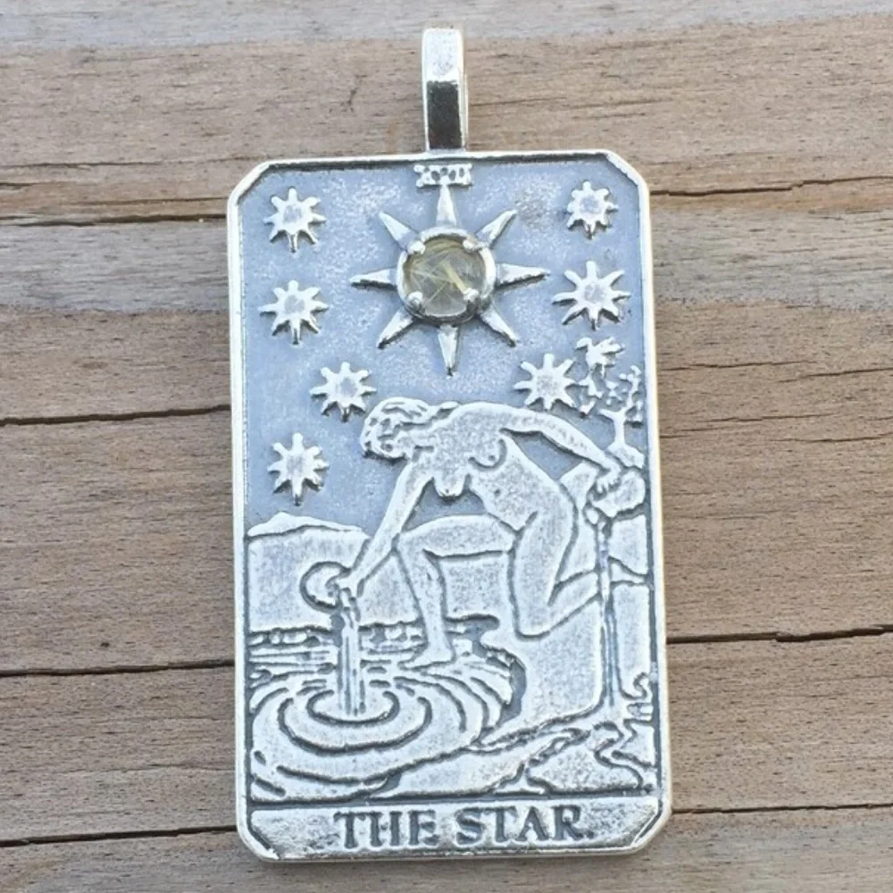 Star Tarot Pendant .925 Sterling Silver w/ natural Rutilated Quartz Made in USA - Picture 1 of 8